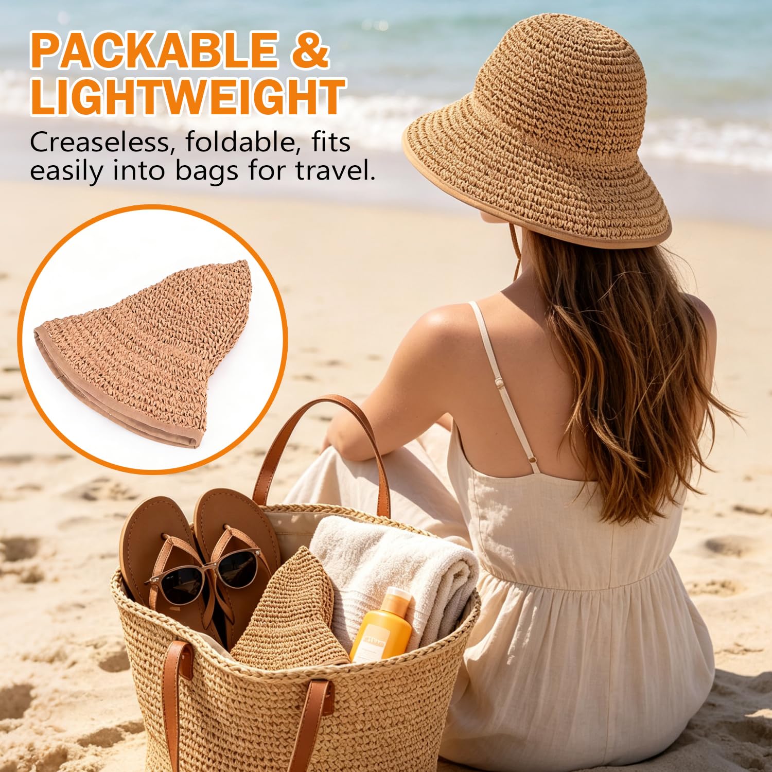 Women's Straw Sun Hat, Wide Brim Packable Bucket Hat for Summer Beach