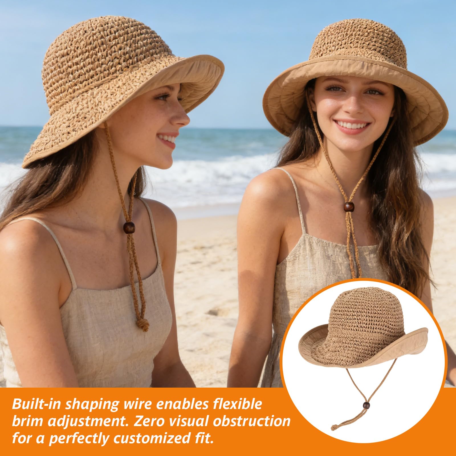 Women's Straw Sun Hat, Wide Brim Packable Bucket Hat for Summer Beach