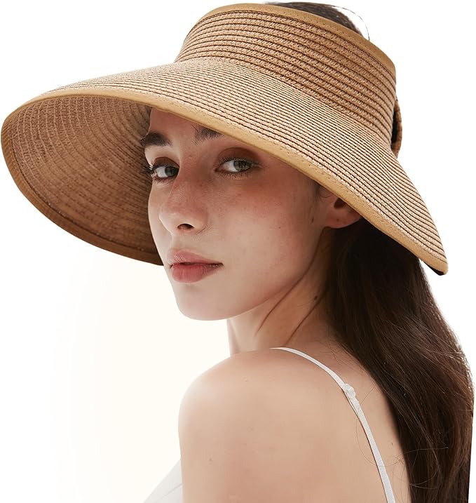 Women's Sun Visor Hats Wide Brim Straw Beach Hat Ponytail Hats for Women Foldable Floppy
