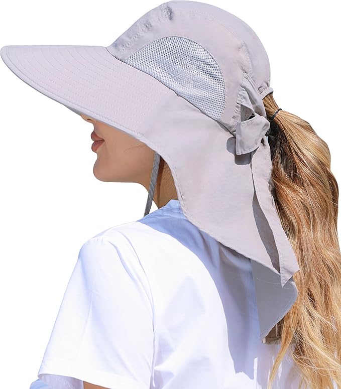 Womens Sun Hat Outdoor UV Protection Wide Brim Fishing Hat with Ponytail Hole Neck Flap for Beach Hiking Camping