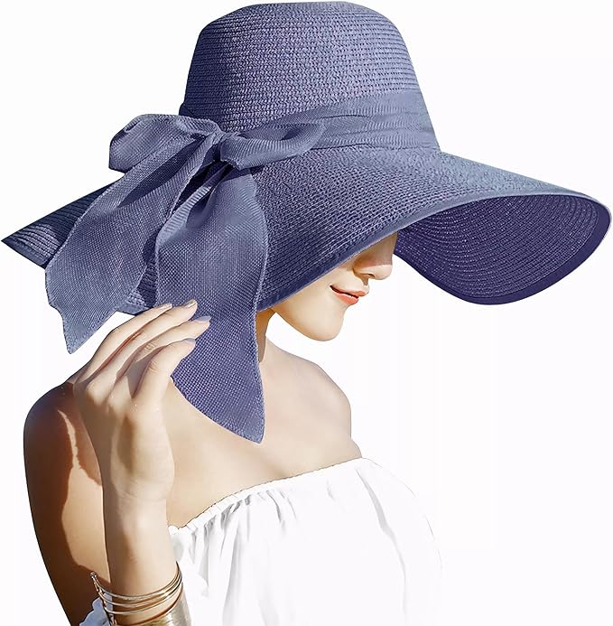 Womens 5.5 Inches Big Bowknot Straw Hat Large Floppy Foldable Roll up Beach Cap Sun Hat UPF 50+