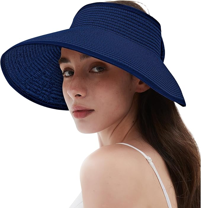 Women's Sun Visor Hats Wide Brim Straw Beach Hat Ponytail Hats for Women Foldable Floppy