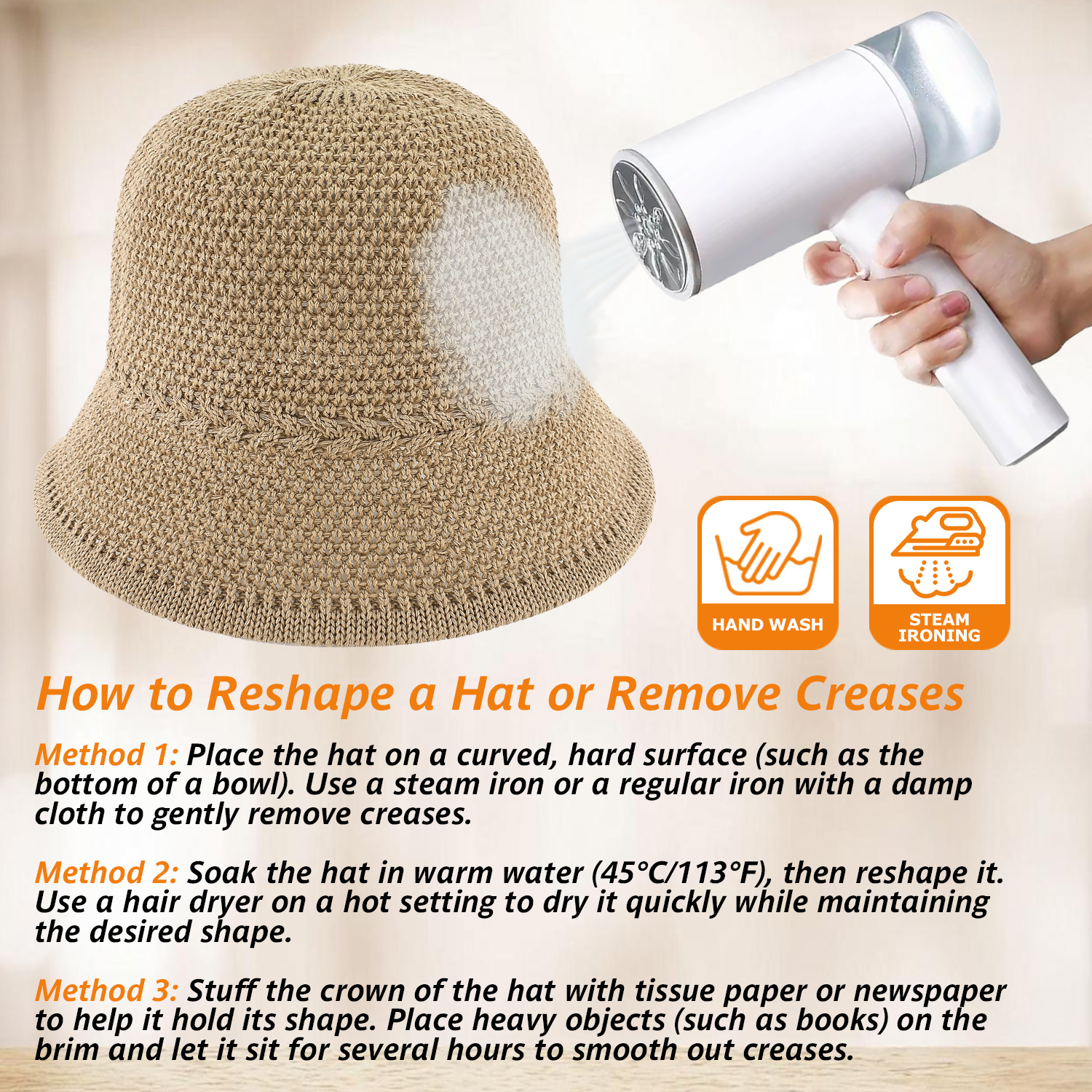 *Packable Straw Bucket Hat for Women, Summer Beach Bucket Hat Foldable Woven Khaki