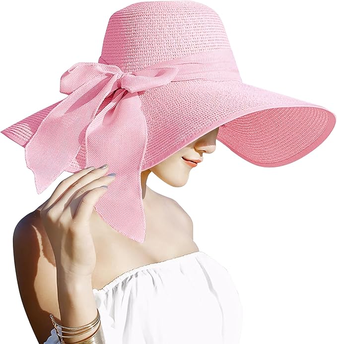 Womens 5.5 Inches Big Bowknot Straw Hat Large Floppy Foldable Roll up Beach Cap Sun Hat UPF 50+