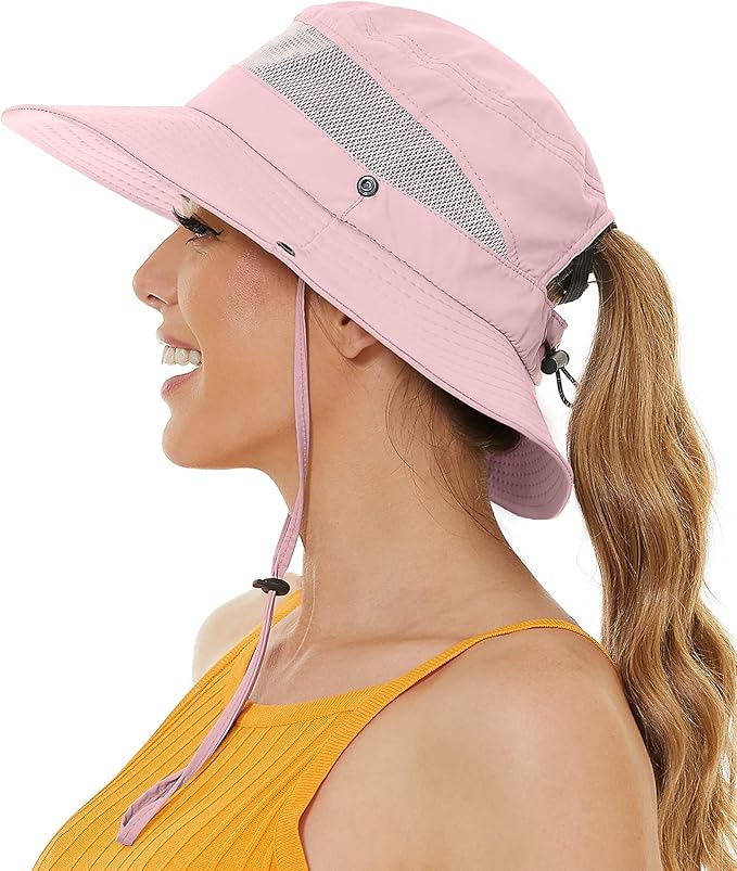 Sun Bucket Beach Hats for Women with Ponytail Hole,Sun Protection UV UPF50+ Waterproof Fishing Safari Hiking Hat
