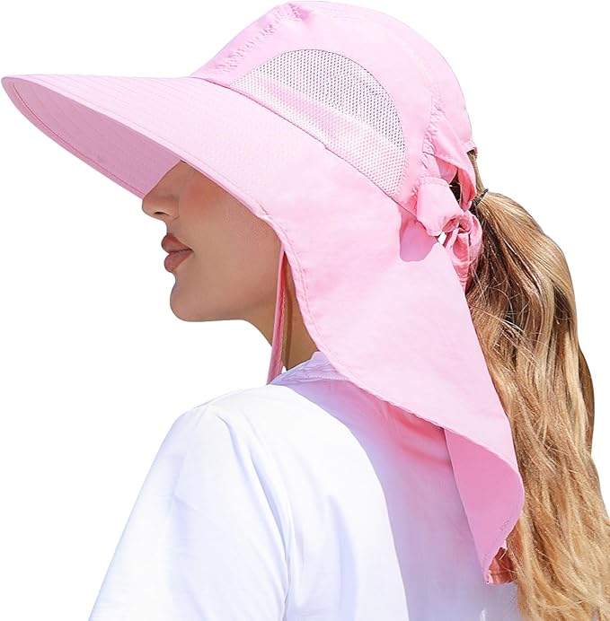 Womens Sun Hat Outdoor UV Protection Wide Brim Fishing Hat with Ponytail Hole Neck Flap for Beach Hiking Camping