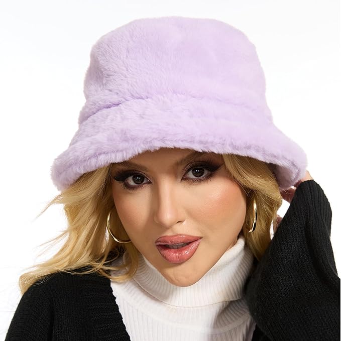 Winter Bucket Hat Fluffy Faux Fur Fisherman Cap for Women Men Solid Color Style