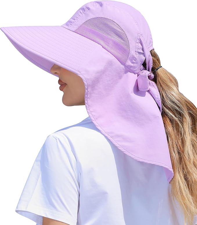 Womens Sun Hat Outdoor UV Protection Wide Brim Fishing Hat with Ponytail Hole Neck Flap for Beach Hiking Camping