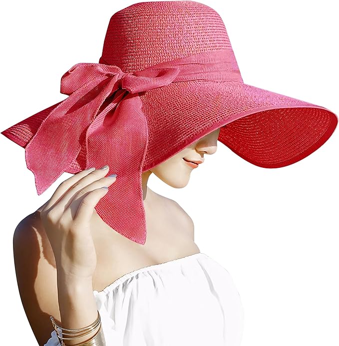 Womens 5.5 Inches Big Bowknot Straw Hat Large Floppy Foldable Roll up Beach Cap Sun Hat UPF 50+