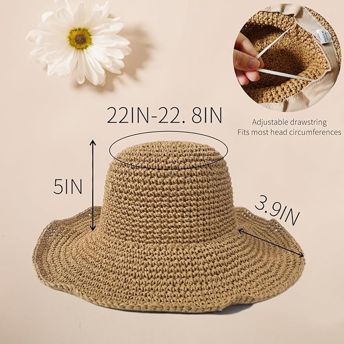 Women's Wide Brim Straw Sun Hat – Floppy Foldable Fedora Beach Hat for Summer, Travel, Packable UV Protection