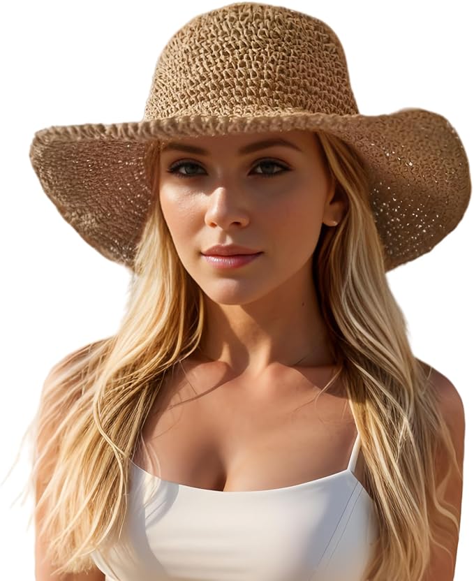 Women's Wide Brim Straw Sun Hat – Floppy Foldable Fedora Beach Hat for Summer, Travel, Packable UV Protection