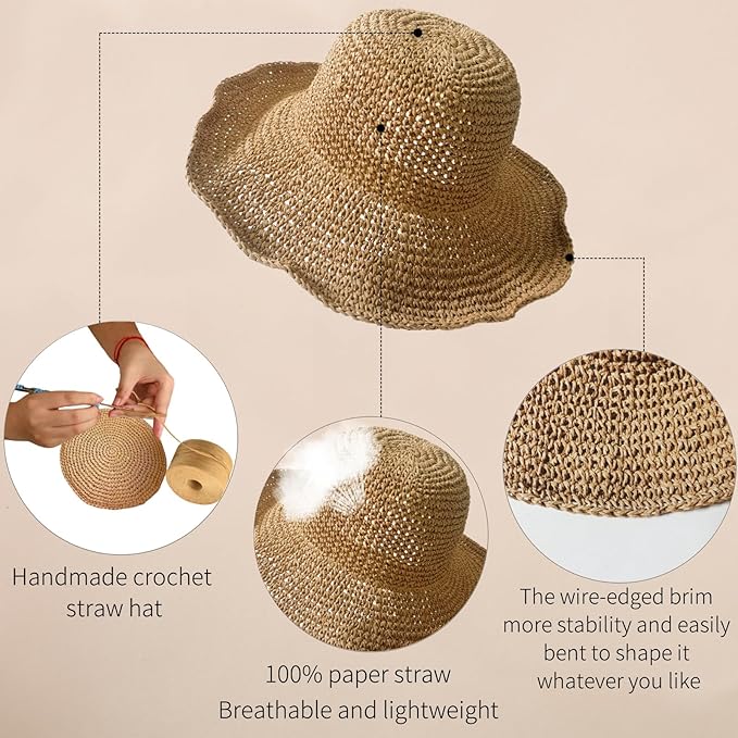 Women's Wide Brim Straw Sun Hat – Floppy Foldable Fedora Beach Hat for Summer, Travel, Packable UV Protection