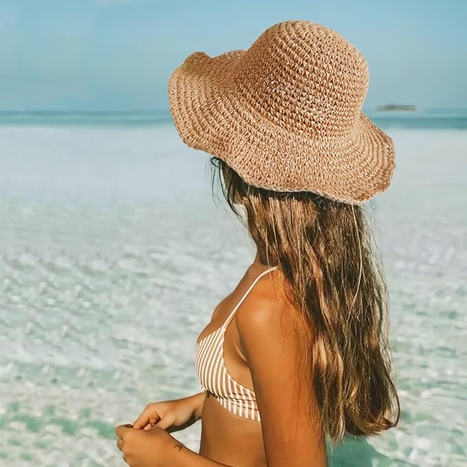 Women's Wide Brim Straw Sun Hat – Floppy Foldable Fedora Beach Hat for Summer, Travel, Packable UV Protection