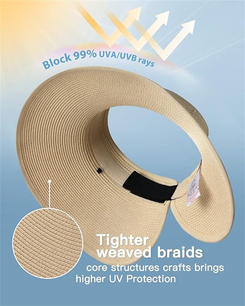 Women's Sun Hat Wide Brim UPF 50+ Straw Visor - Packable Foldable Beach Hat with Ponytail Hole for Summer, Travel, Vacation, Gardening & Outdoor Activities