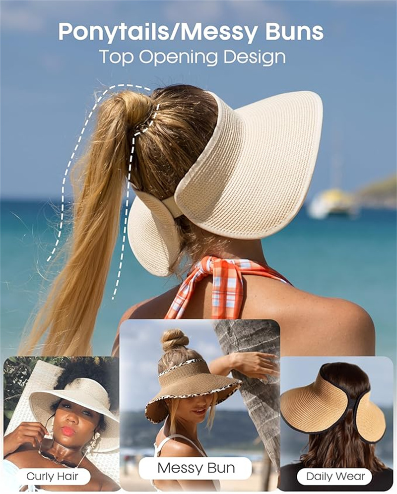 Women's Sun Hat Wide Brim UPF 50+ Straw Visor - Packable Foldable Beach Hat with Ponytail Hole for Summer, Travel, Vacation, Gardening & Outdoor Activities