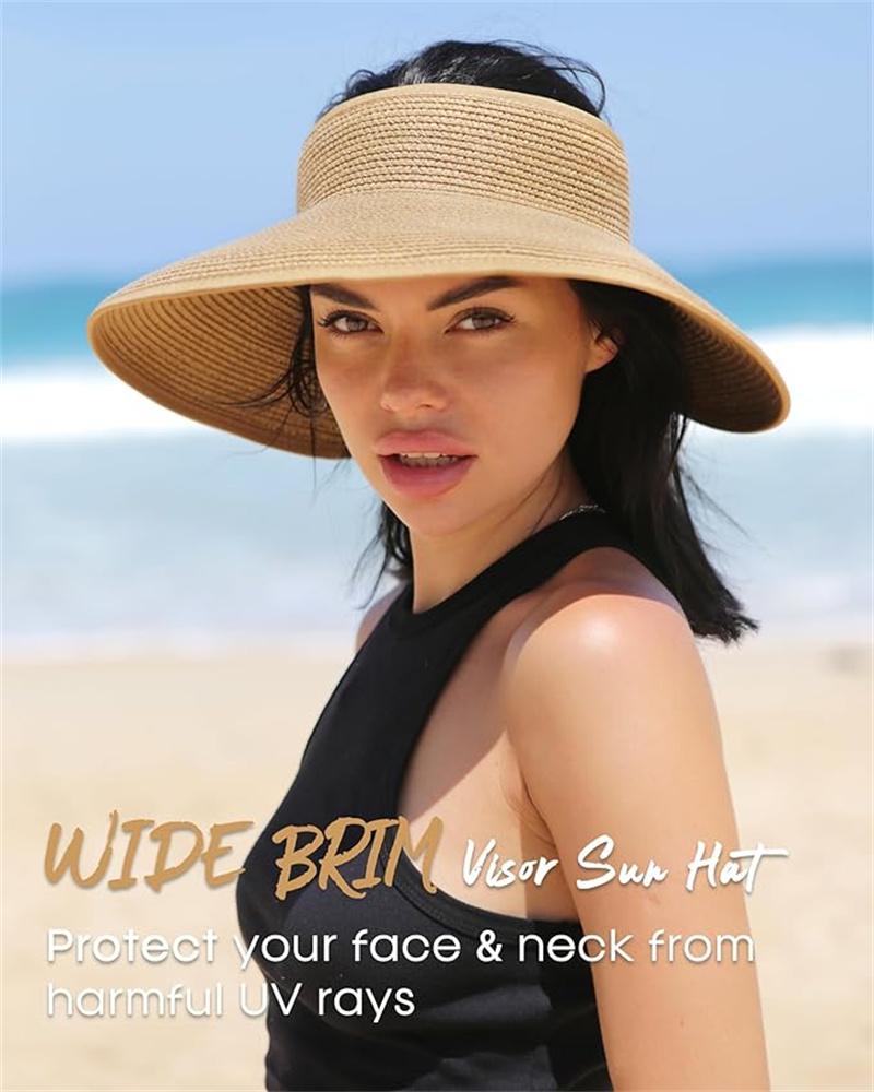 Women's Sun Hat Wide Brim UPF 50+ Straw Visor - Packable Foldable Beach Hat with Ponytail Hole for Summer, Travel, Vacation, Gardening & Outdoor Activities