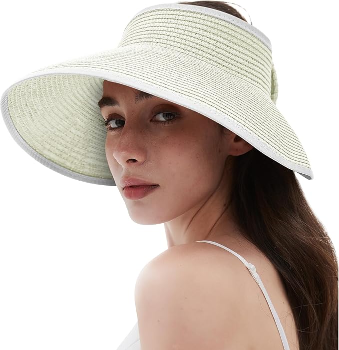 Women's Sun Visor Hats Wide Brim Straw Beach Hat Ponytail Hats for Women Foldable Floppy