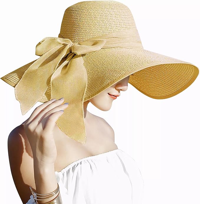 Womens 5.5 Inches Big Bowknot Straw Hat Large Floppy Foldable Roll up Beach Cap Sun Hat UPF 50+