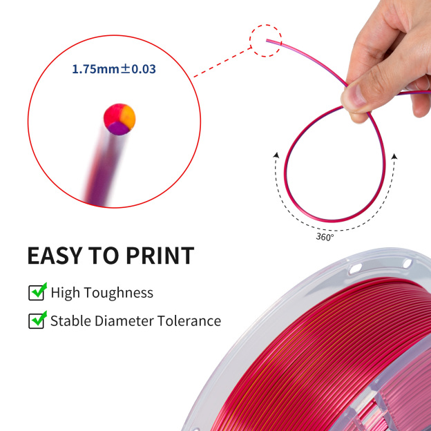 TRONXY 1.75mm 3D Printer Filament Silk Red-Purple-Gold 3 Color Extrusion 1KG Spool (+/-0.03mm)，1kg/2.2lbs