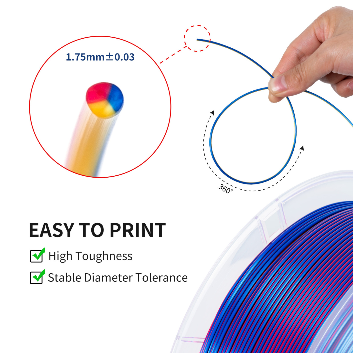 TRONXY 1.75mm 3D Printer Filament Silk Red-Yellow-Blue 3 Color Extrusion 1KG Spool (+/-0.03mm)，1kg/2.2lbs