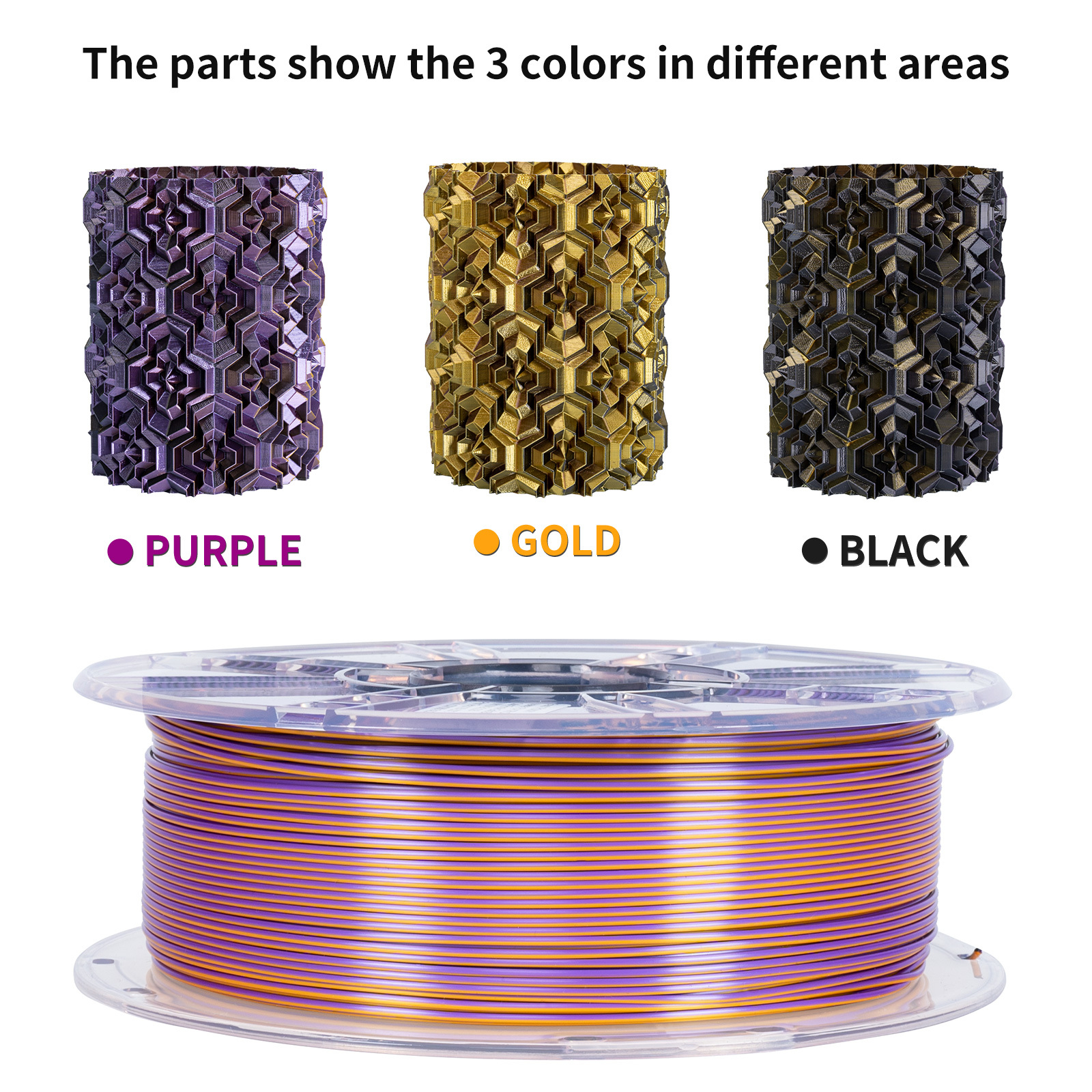 TRONXY 1.75mm 3D Printer Filament Silk Purple-Gold-Black  3 Color Extrusion 1KG Spool (+/-0.03mm)，1kg/2.2lbs