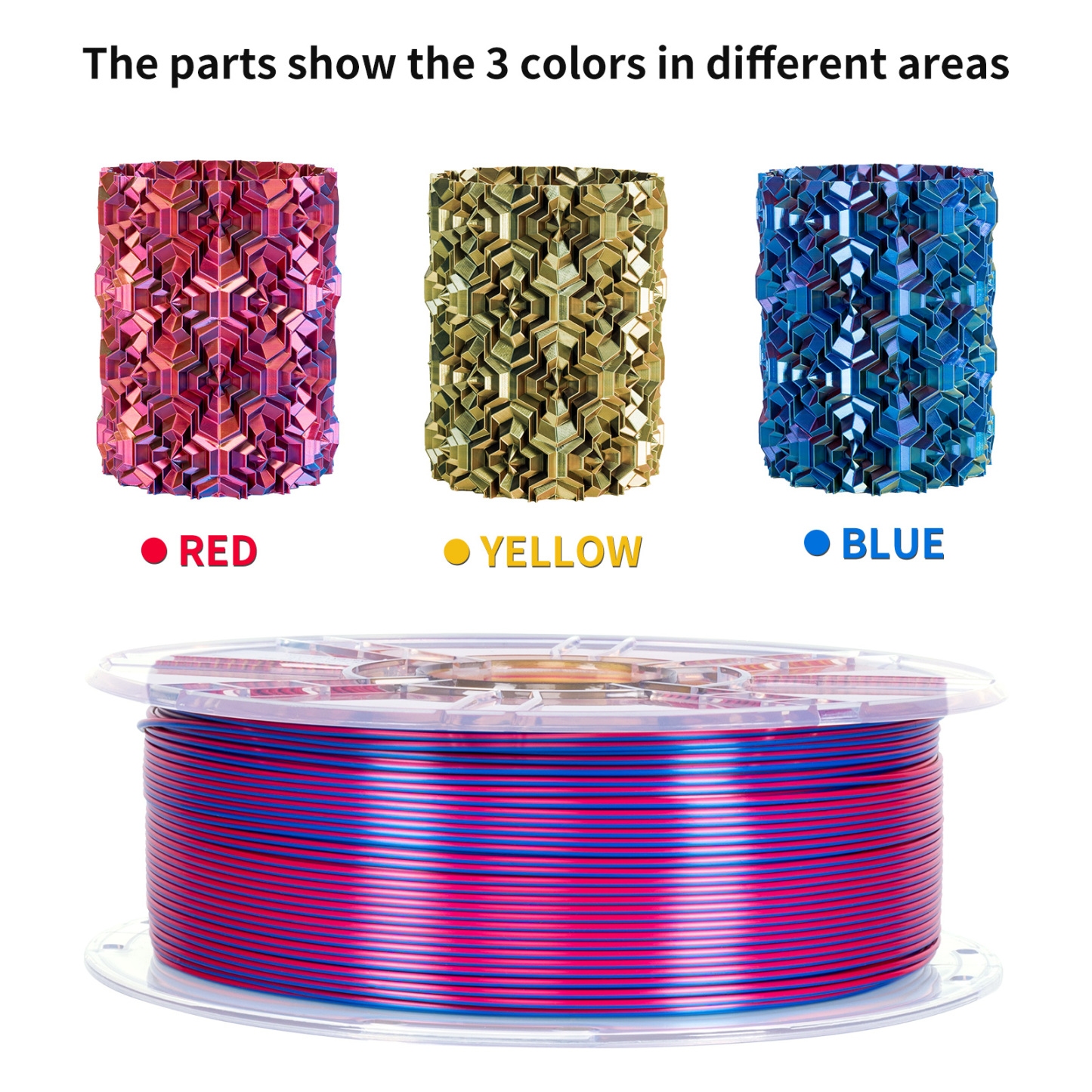 TRONXY 1.75mm 3D Printer Filament Silk Red-Yellow-Blue 3 Color Extrusion 1KG Spool (+/-0.03mm)，1kg/2.2lbs