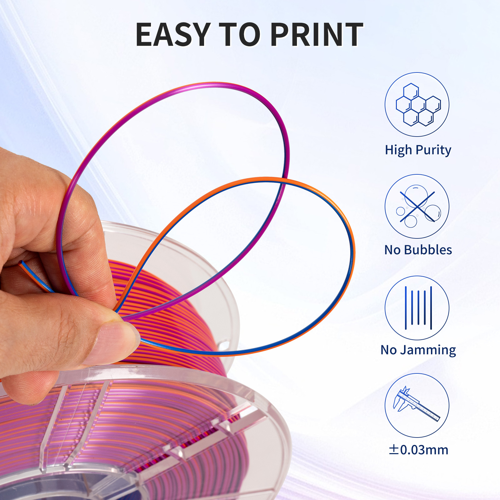 TRONXY 1.75mm 3D Printer Filament Silk Blue-Purple-Orange 3 Color Extrusion 1KG Spool (+/-0.03mm)，1kg/2.2lbs