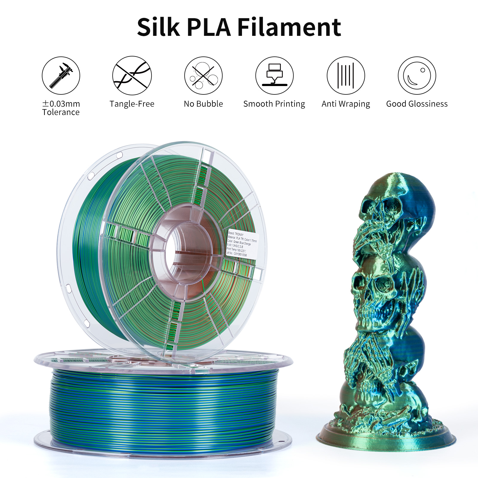 TRONXY 1.75mm 3D Printer Filament Silk Orange-Green-Blue 3 Color Extrusion 1KG Spool (+/-0.03mm)，1kg/2.2lbs