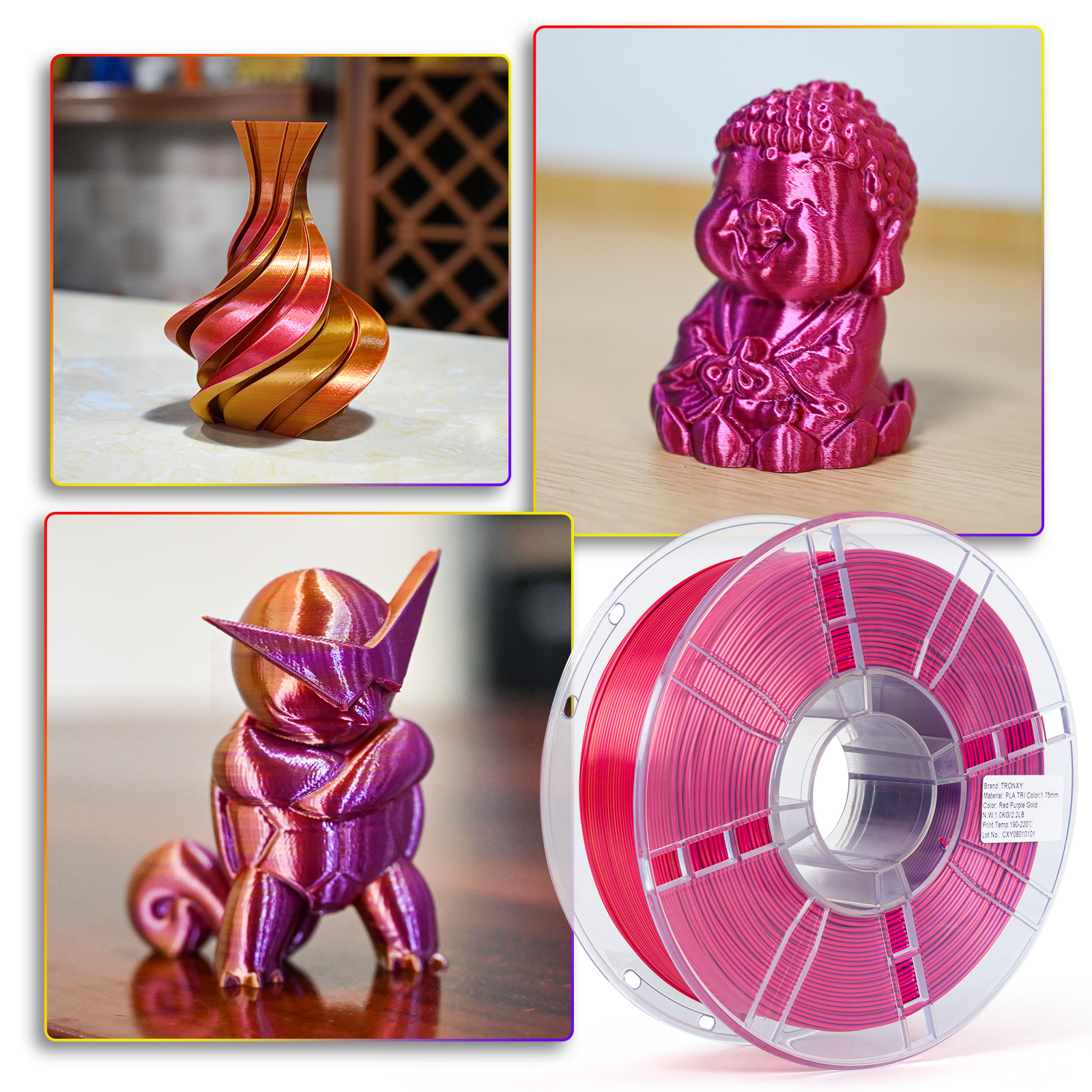 TRONXY 1.75mm 3D Printer Filament Silk Red-Purple-Gold 3 Color Extrusion 1KG Spool (+/-0.03mm)，1kg/2.2lbs