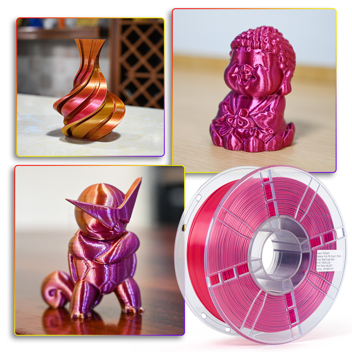 TRONXY 1.75mm 3D Printer Filament Silk Red-Purple-Gold 3 Color Extrusion 1KG Spool (+/-0.03mm)，1kg/2.2lbs