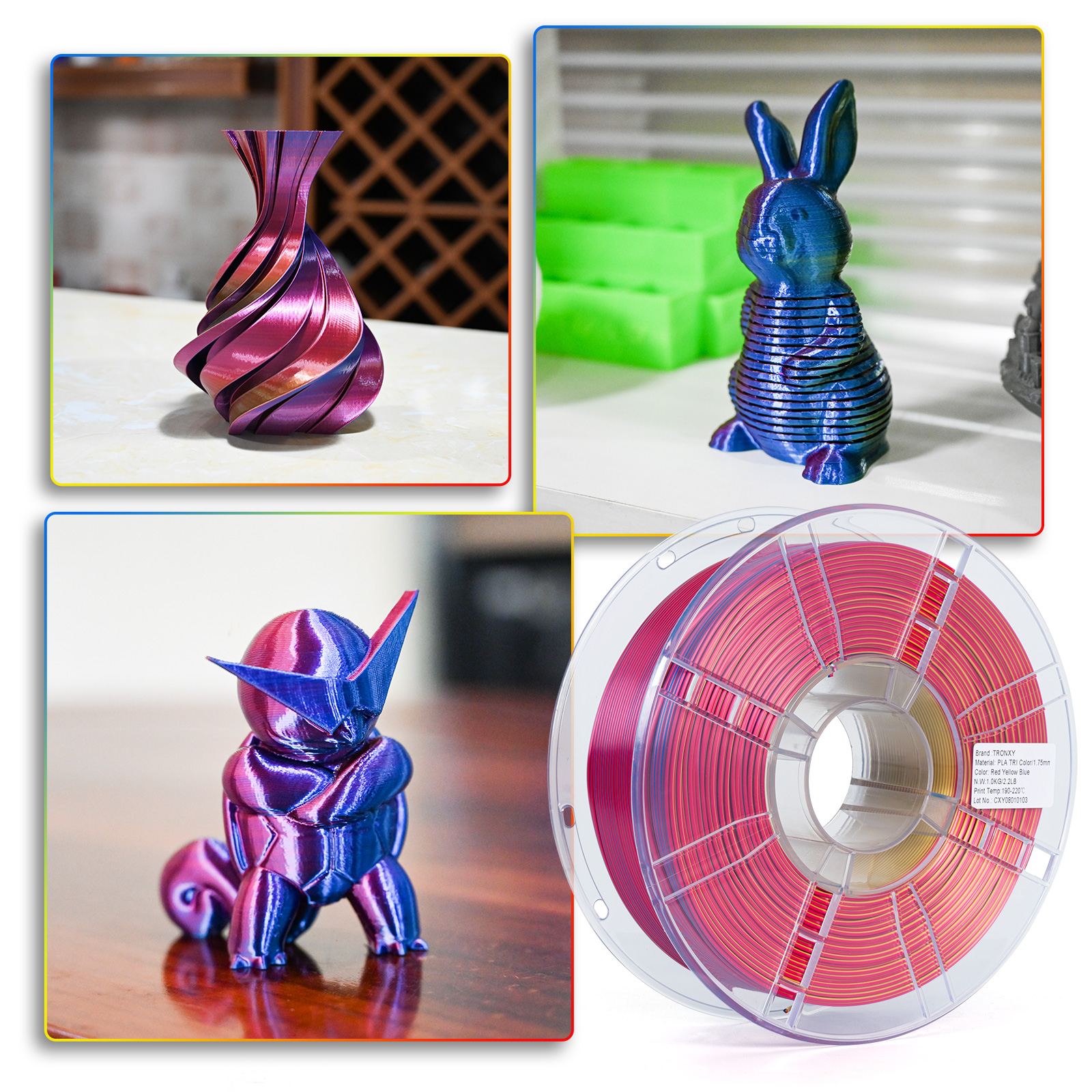 TRONXY 1.75mm 3D Printer Filament Silk Red-Yellow-Blue 3 Color Extrusion 1KG Spool (+/-0.03mm)，1kg/2.2lbs