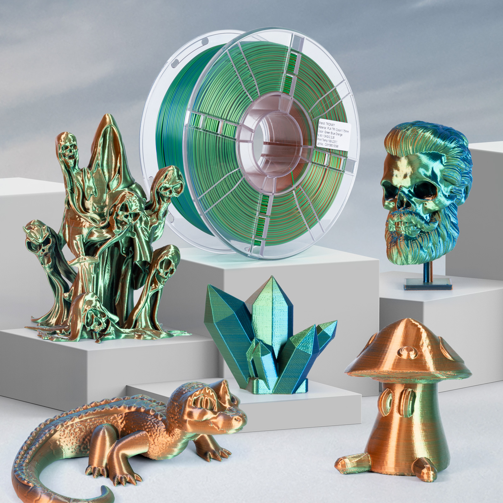 TRONXY 1.75mm 3D Printer Filament Silk Orange-Green-Blue 3 Color Extrusion 1KG Spool (+/-0.03mm)，1kg/2.2lbs