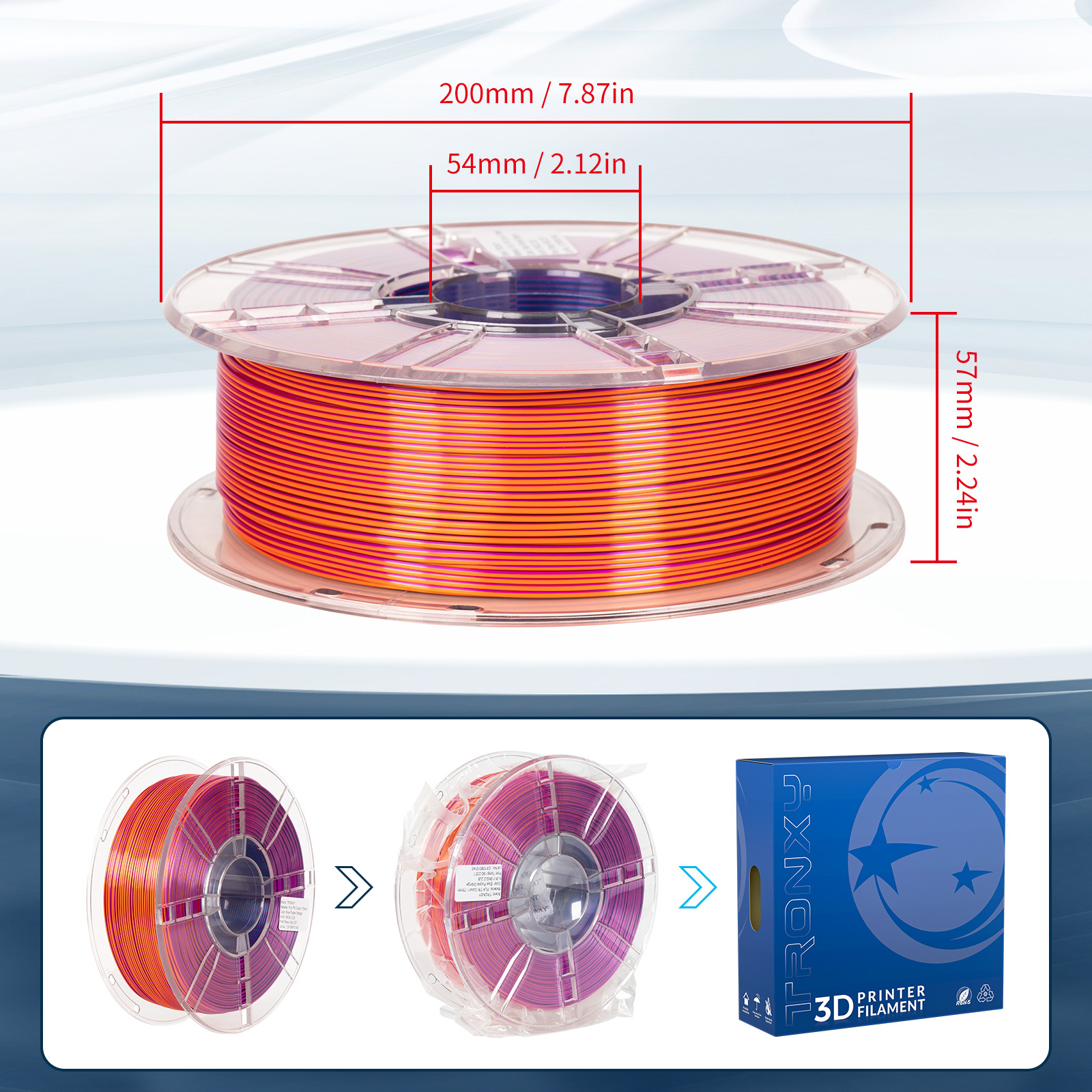 TRONXY 1.75mm 3D Printer Filament Silk Blue-Purple-Orange 3 Color Extrusion 1KG Spool (+/-0.03mm)，1kg/2.2lbs