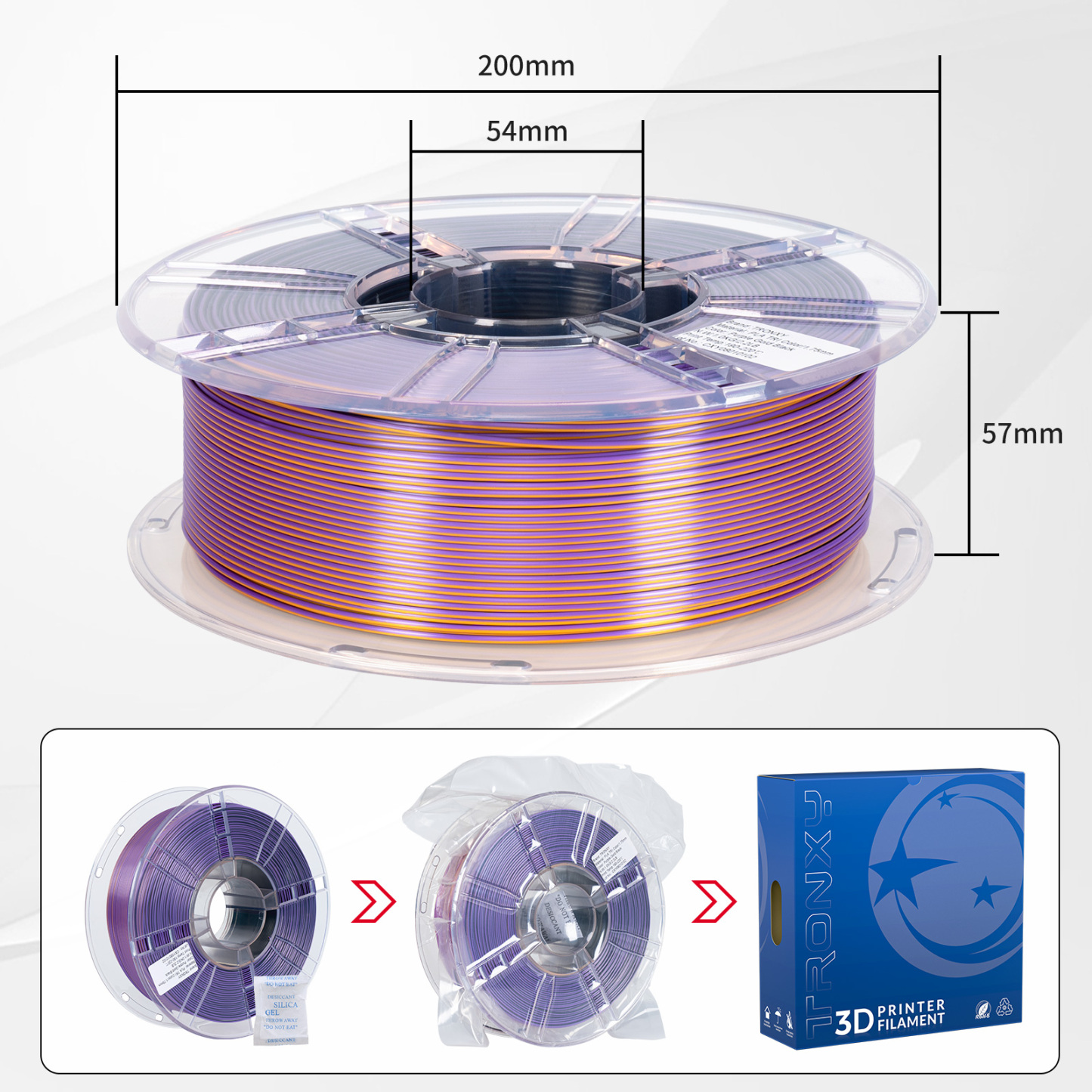 TRONXY 1.75mm 3D Printer Filament Silk Purple-Gold-Black  3 Color Extrusion 1KG Spool (+/-0.03mm)，1kg/2.2lbs