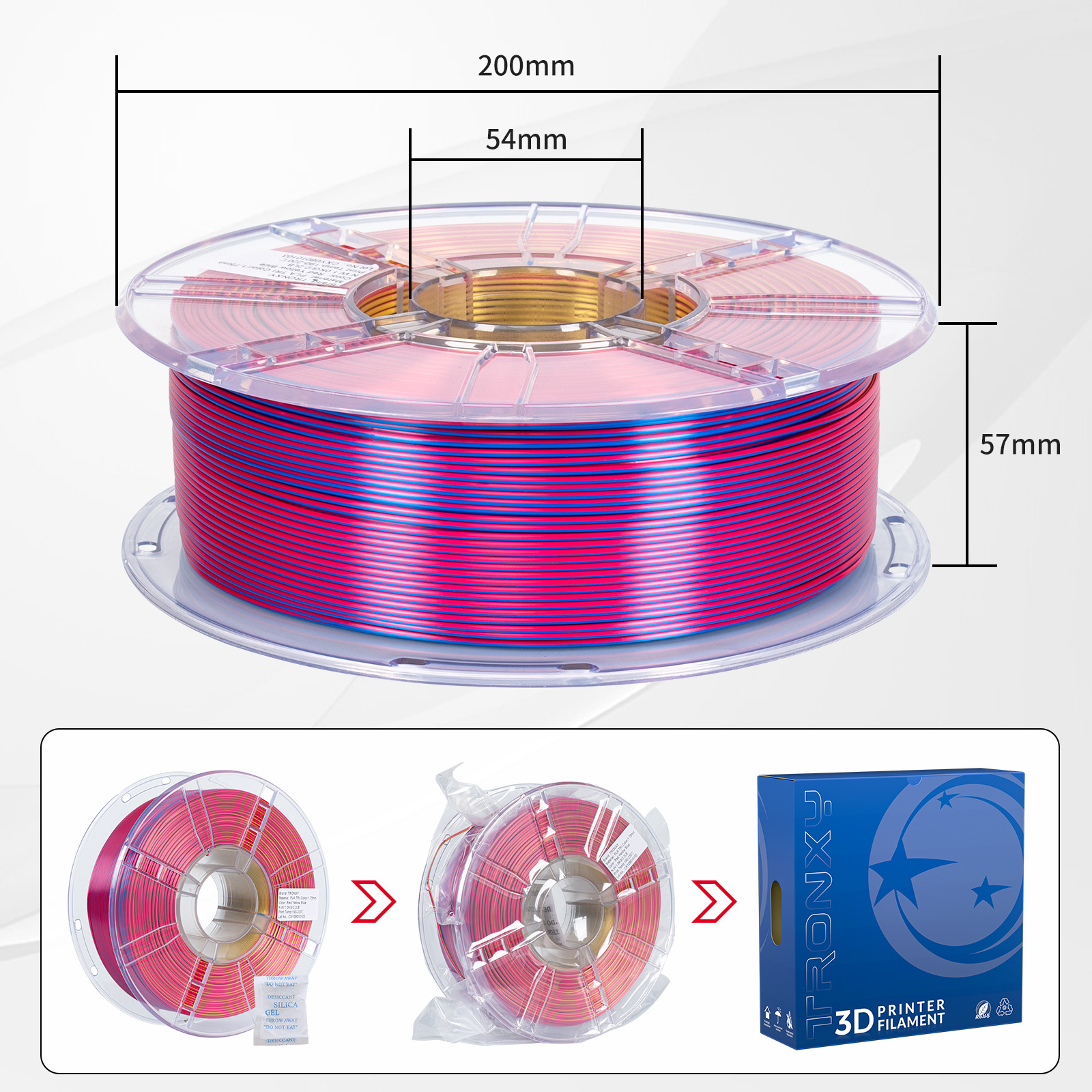 TRONXY 1.75mm 3D Printer Filament Silk Red-Yellow-Blue 3 Color Extrusion 1KG Spool (+/-0.03mm)，1kg/2.2lbs