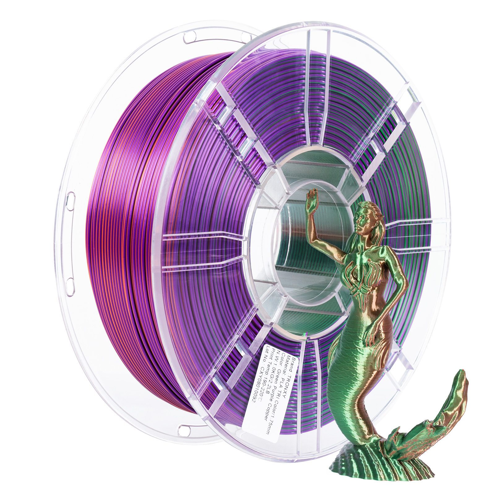 TRONXY Tri-Color Coextrusion 3D Printer Filament Shiny Silk Green-Purple-Copper Multicolor PLA Filament 1.75mm +/-0.03mm, 1kg/2.2lbs