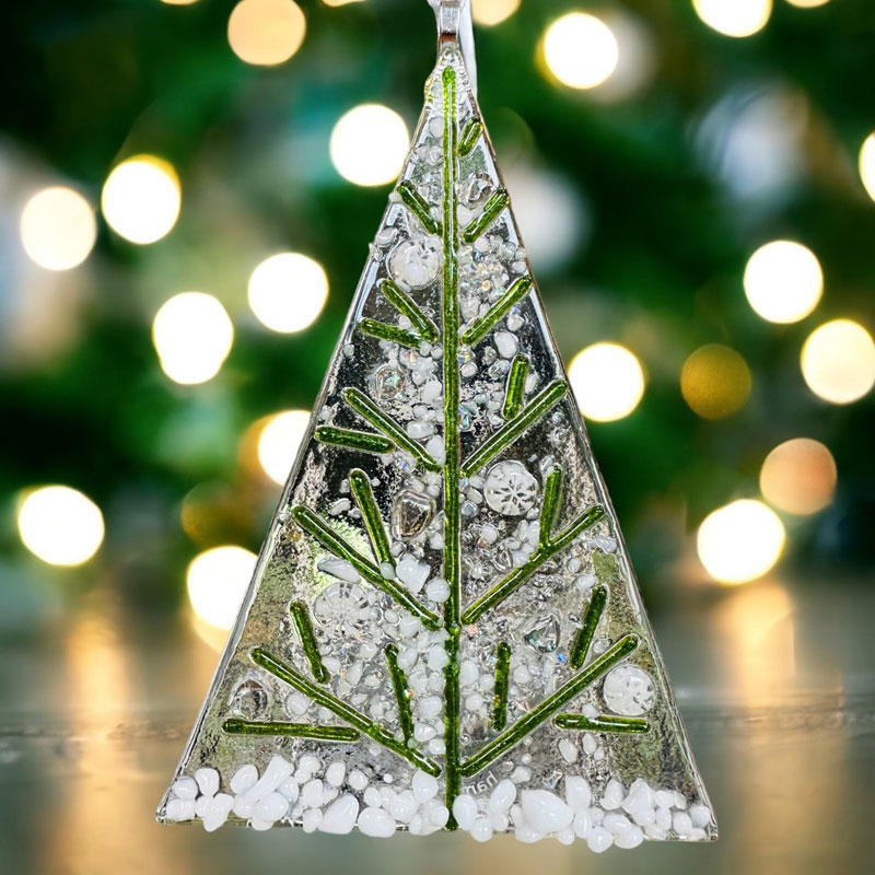 Fused glass green Christmas tree ornament