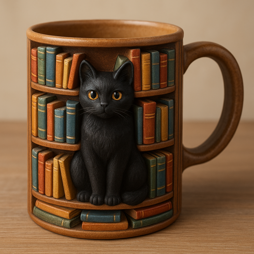 3D Black cat bookshelf mug