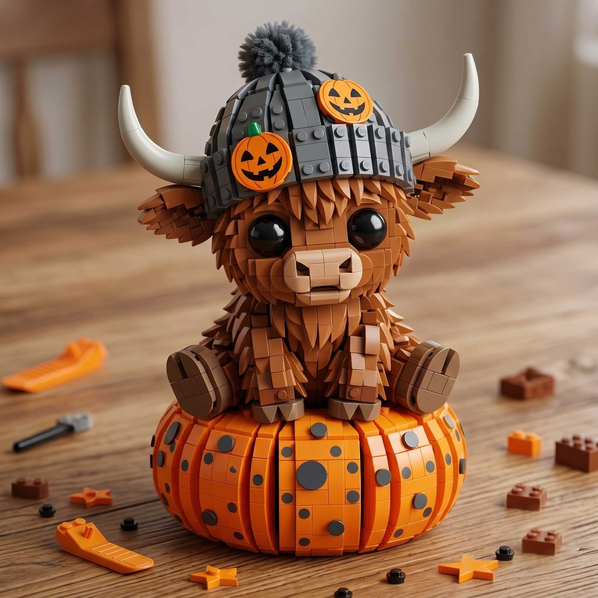 Halloween Pumpkin Highland Cow Building Blocks Set