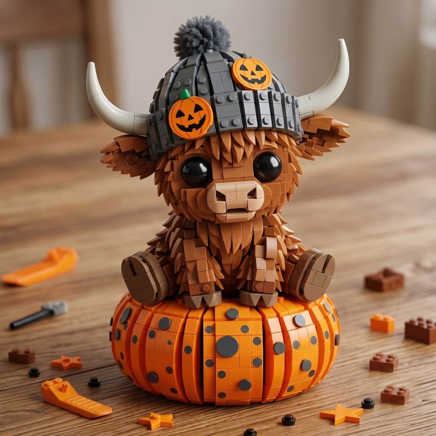 Halloween Pumpkin Highland Cow Building Blocks Set