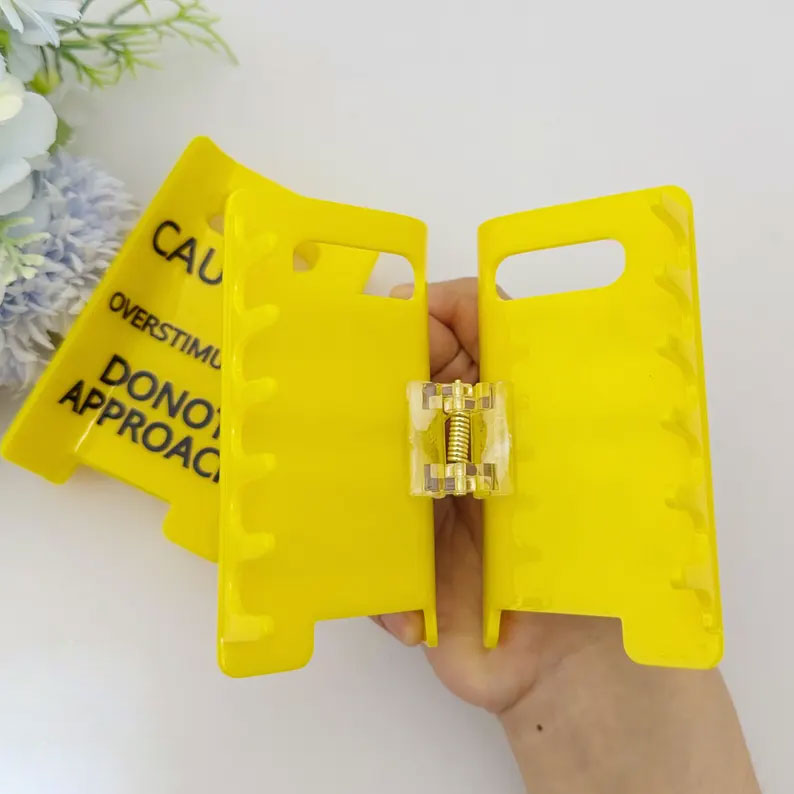 Caution Overstimulated Yellow Sign Hair Claw Clip