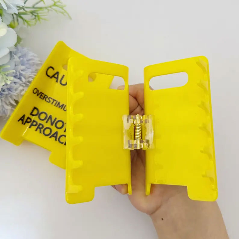Caution Overstimulated Yellow Sign Hair Claw Clip
