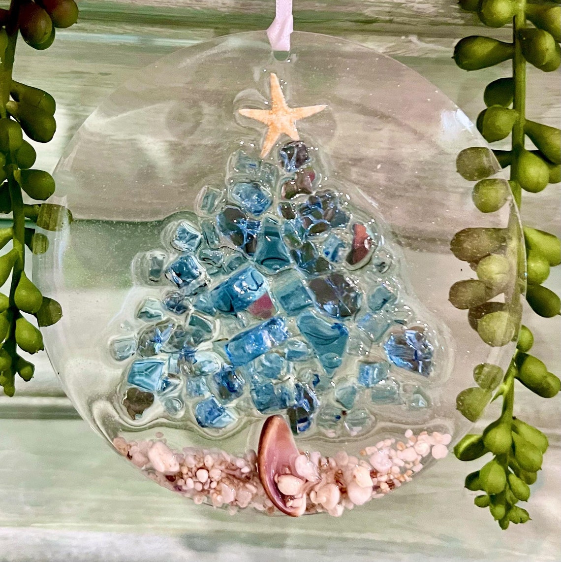 Handcrafted Starfish & Crushed Glass Christmas Tree Ornament