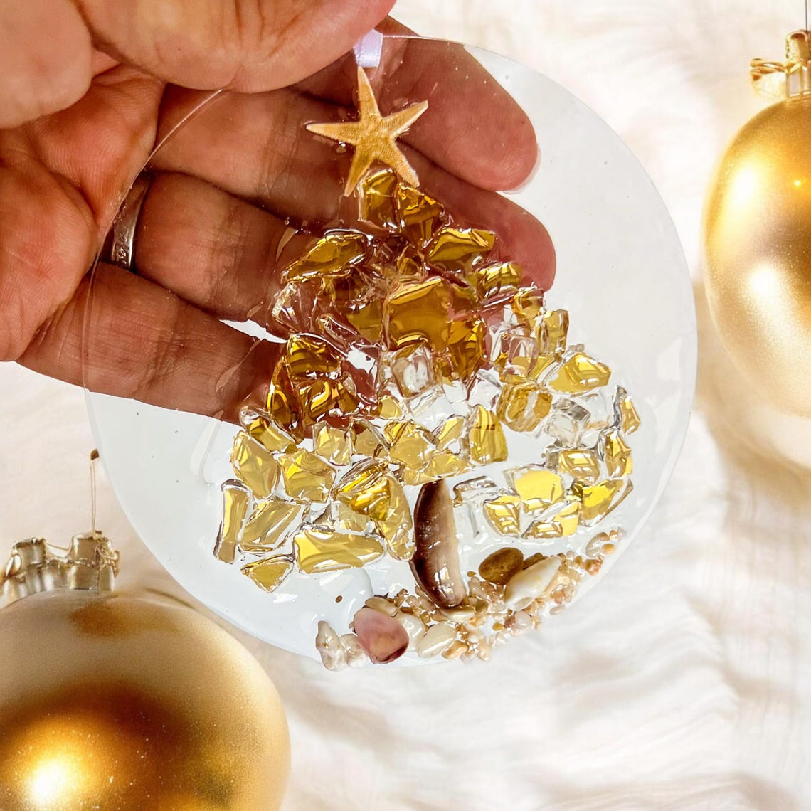 Handcrafted Starfish & Crushed Glass Christmas Tree Ornament