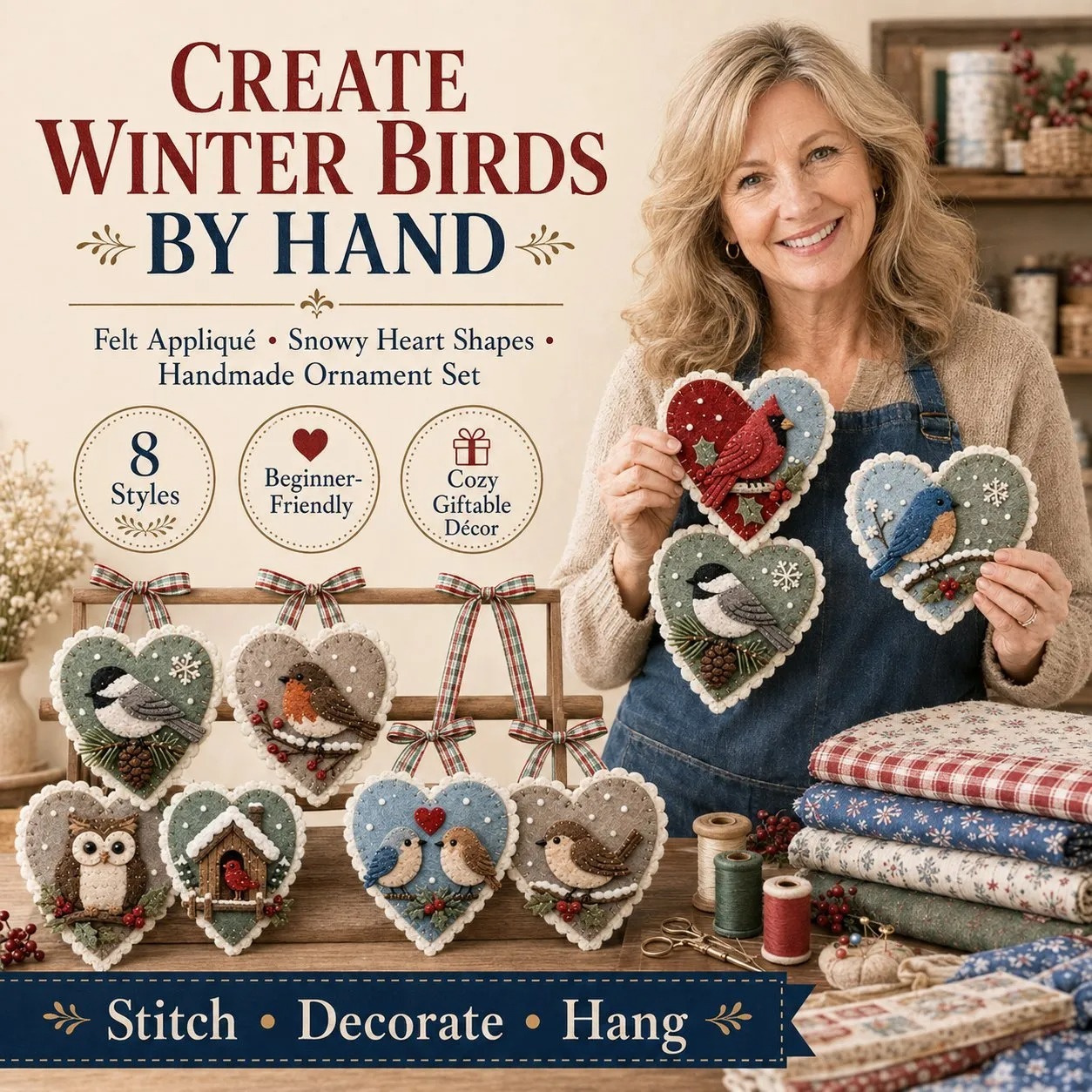 ⏳ Last Day 49% OFF – 🐦 Beginner-Friendly Winter Bird Felt Heart Ornament Sewing Kit Collection💕