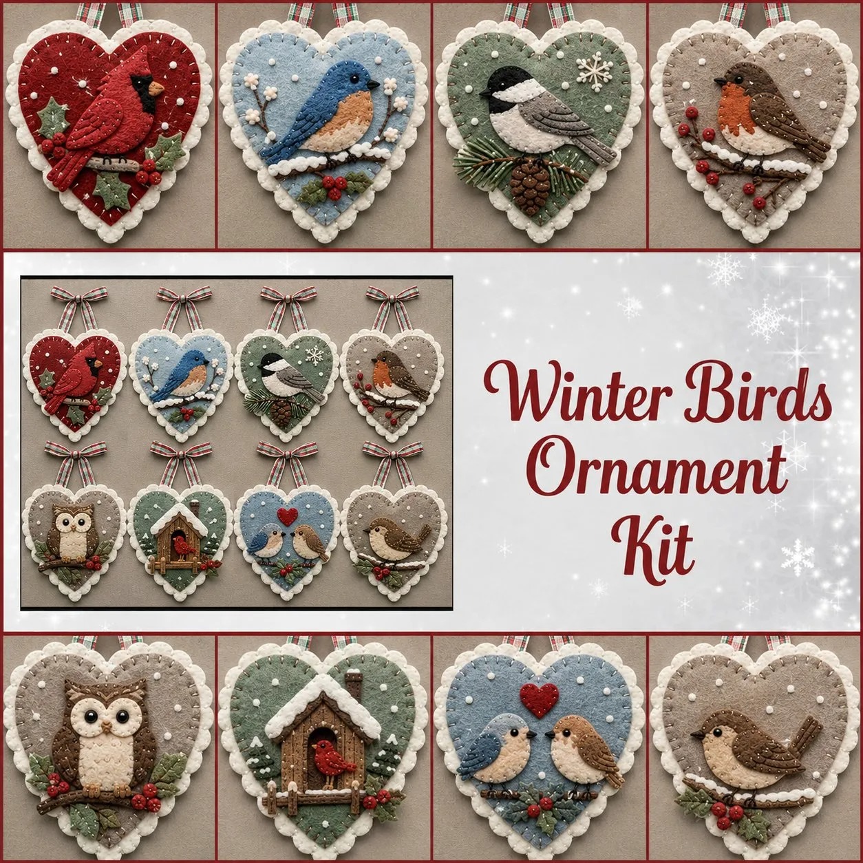 ⏳ Last Day 49% OFF – 🐦 Beginner-Friendly Winter Bird Felt Heart Ornament Sewing Kit Collection💕