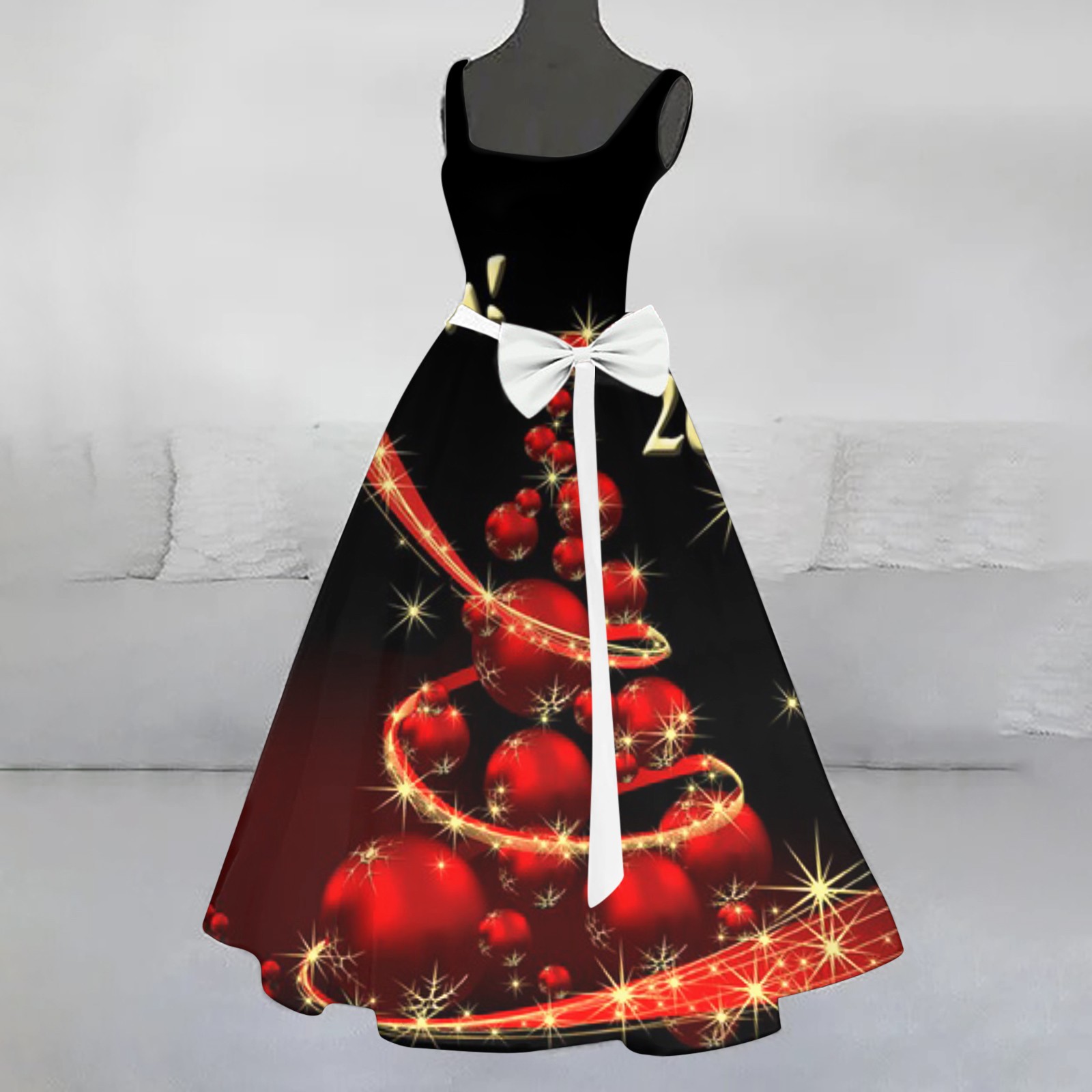 Women's Christmas Printed Black Long Dress
