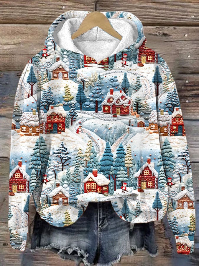 Women's Christmas Snow Print Hooded Sweatshirt