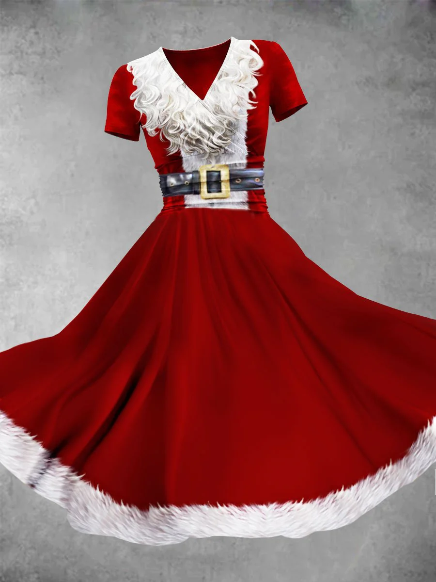 Womens Christmas Vintage Santa Print Maxi Dress
