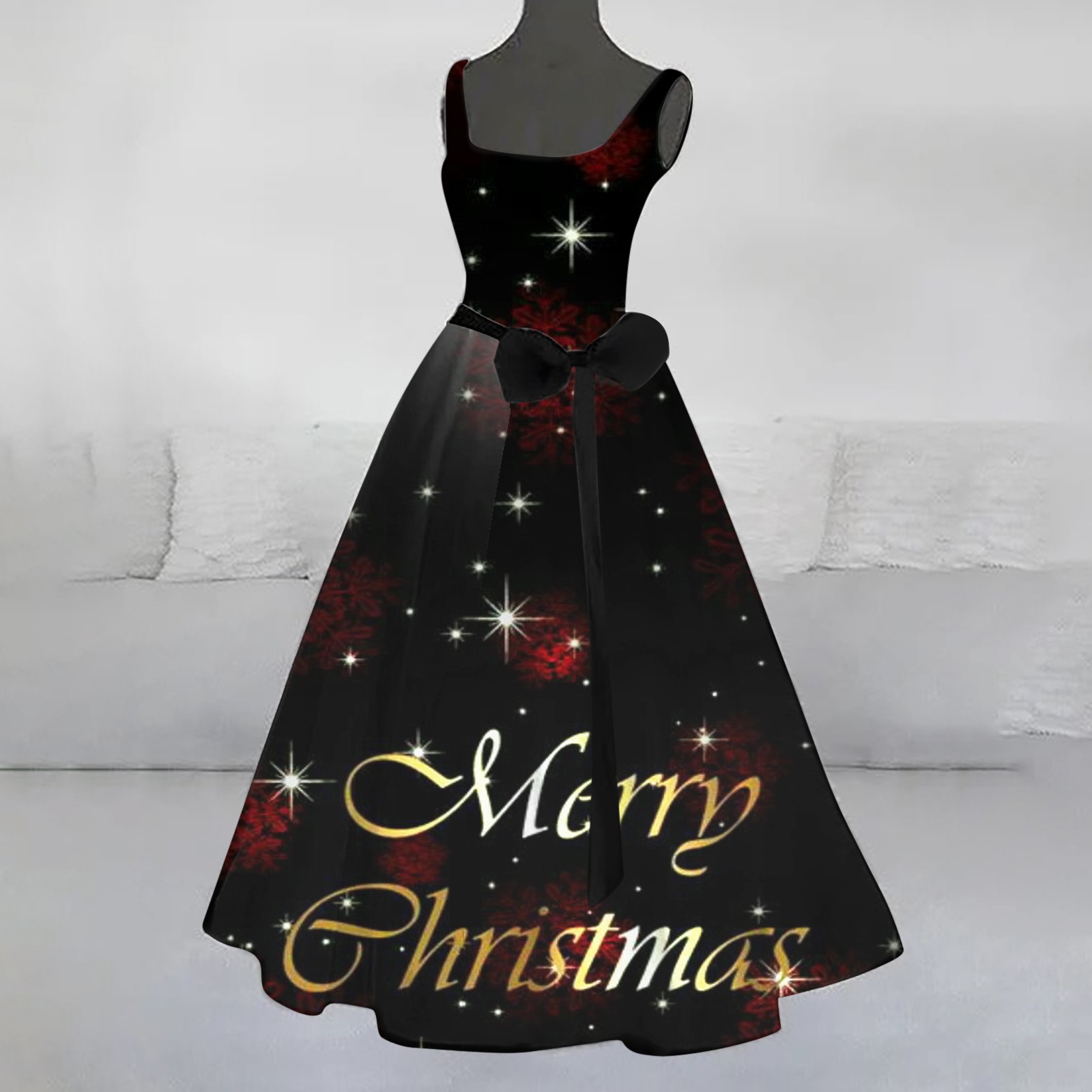 Women's Merry Christmas Printed Black Long Dress